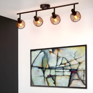 Lampa sufitowa Maren 4 w stylu loft z czarną listwą i drucianymi kloszami do salonu