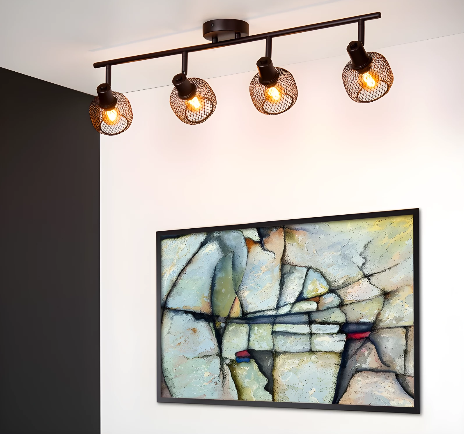 Lampa sufitowa Maren 4 w stylu loft z czarną listwą i drucianymi kloszami do salonu