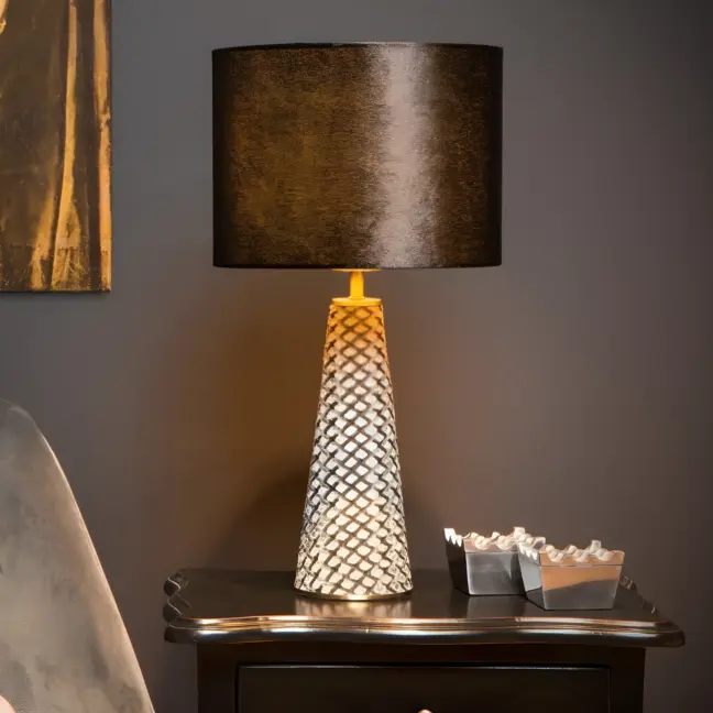 Lampa stołowa Velvet do salonu w kolorze czarnym z szarą aksamitną podstawą