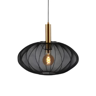 Stylowa lampa wisząca Corina w złoto-czarnym wykończeniu z transparentnym kloszem z siatki
