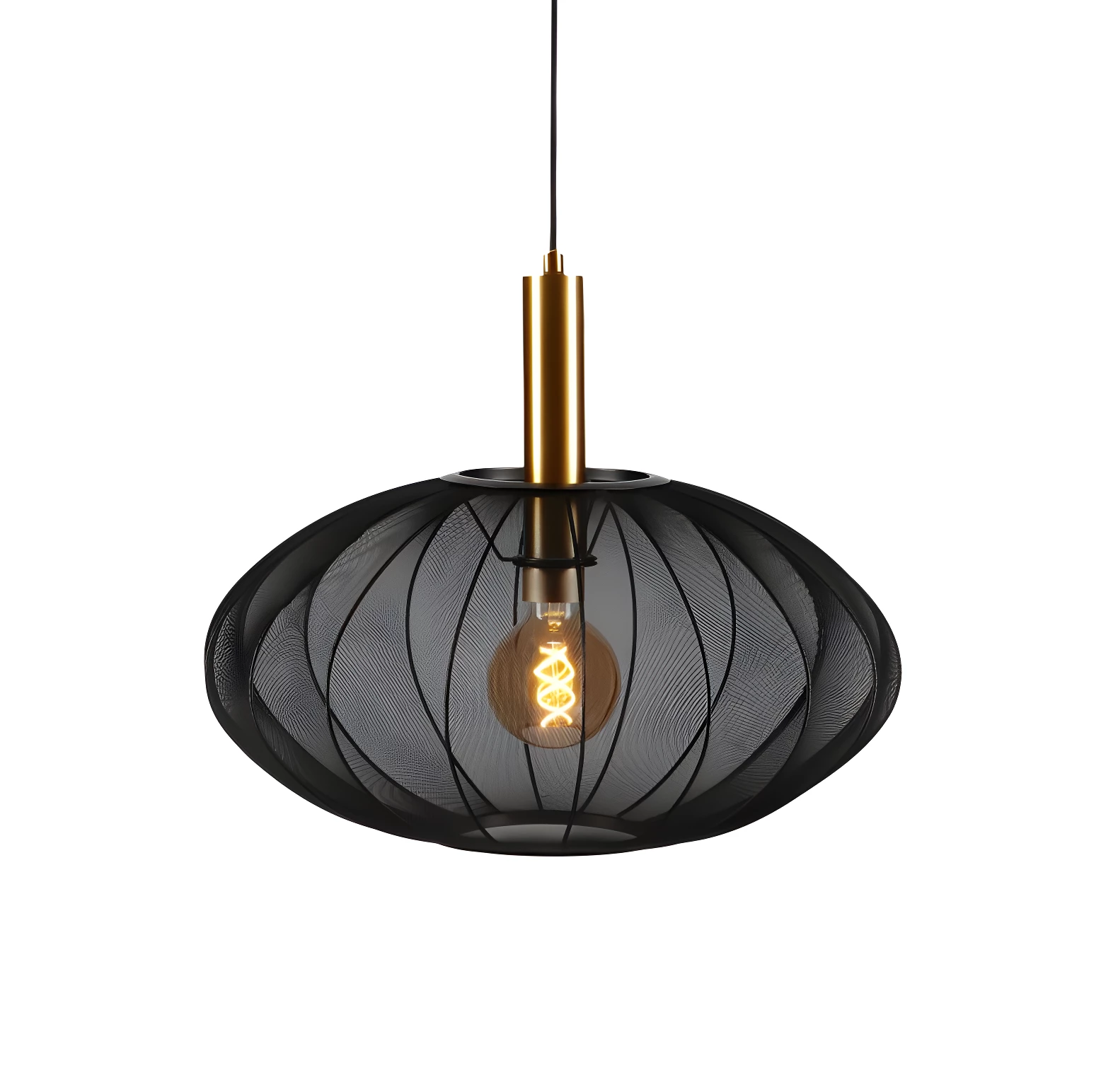 Stylowa lampa wisząca Corina w złoto-czarnym wykończeniu z transparentnym kloszem z siatki