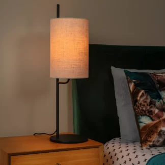 Beżowa lampa stołowa Magic z lnianym kloszem do sypialni