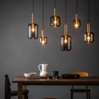 Wisząca lampa sufitowa Joanet 6 z przydymionymi kloszami do salonu