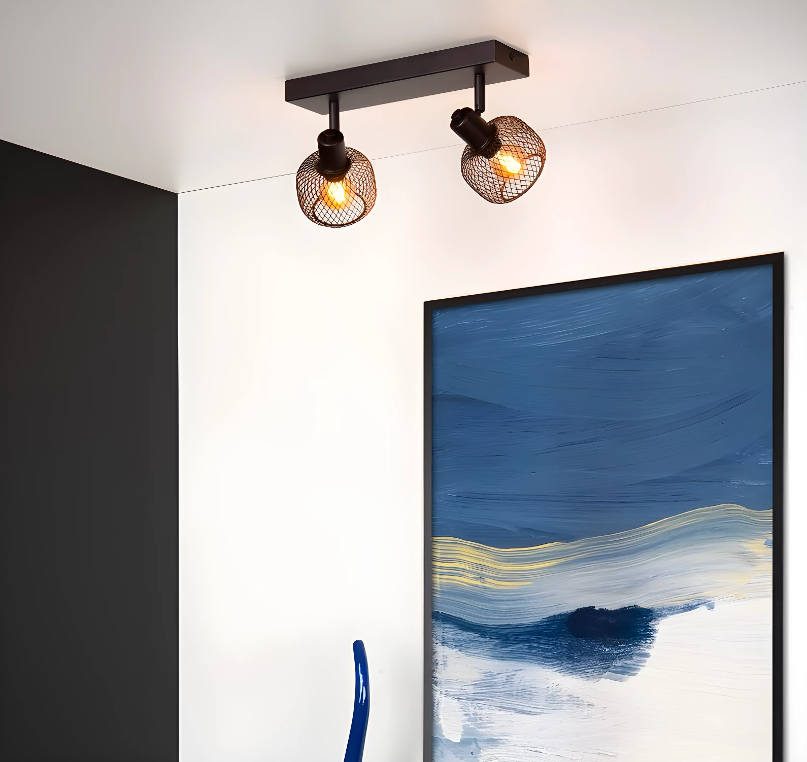 Spot sufitowy Maren 2 z podwójnym drucianym kloszem w stylu loft – czarny