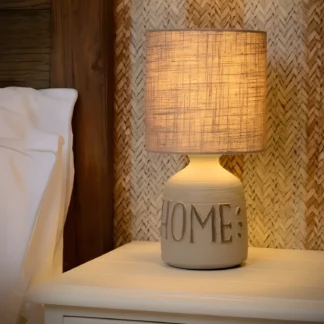 Lampka nocna Cosby z ceramiki i bawełnianym kloszem o przytulnym charakterze