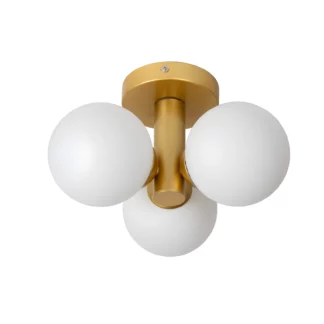 Łazienkowa lampa sufitowa Trudy w złotym kolorze z trzema białymi kloszami, IP44