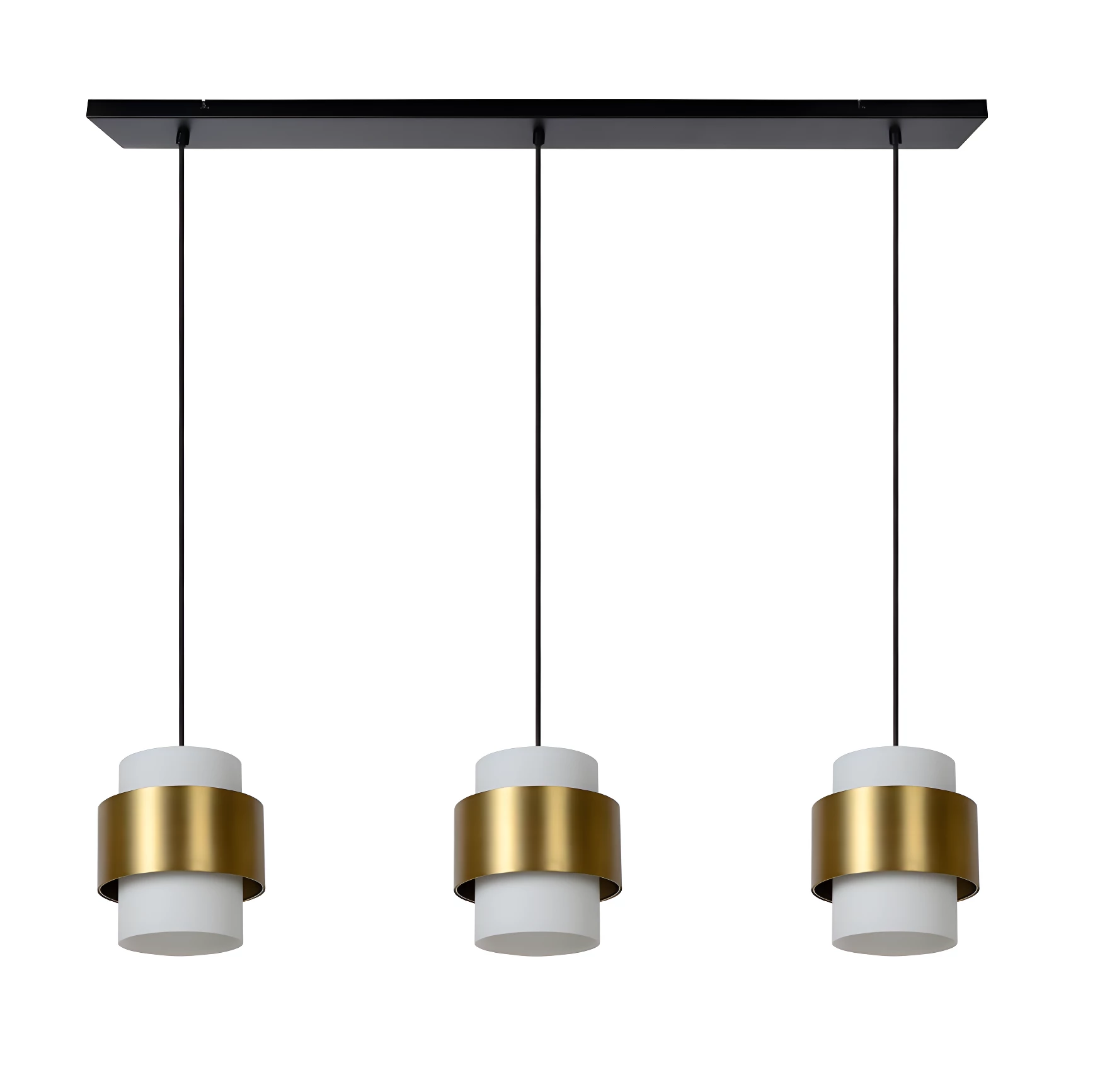 Lampa sufitowa Firmin 3 w złotym kolorze z białymi kloszami – idealna nad wyspę kuchenną