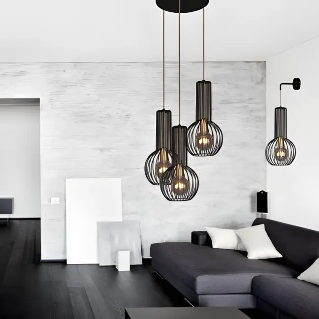 Druciana lampa wisząca z kloszami czarnymi do salonu