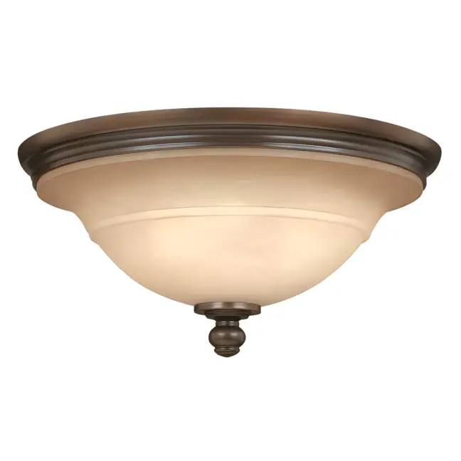 Rustykalny plafon sufitowy z brązową metalową ramą i beżowym szklanym kloszem z dekoracyjnym elementem po środku