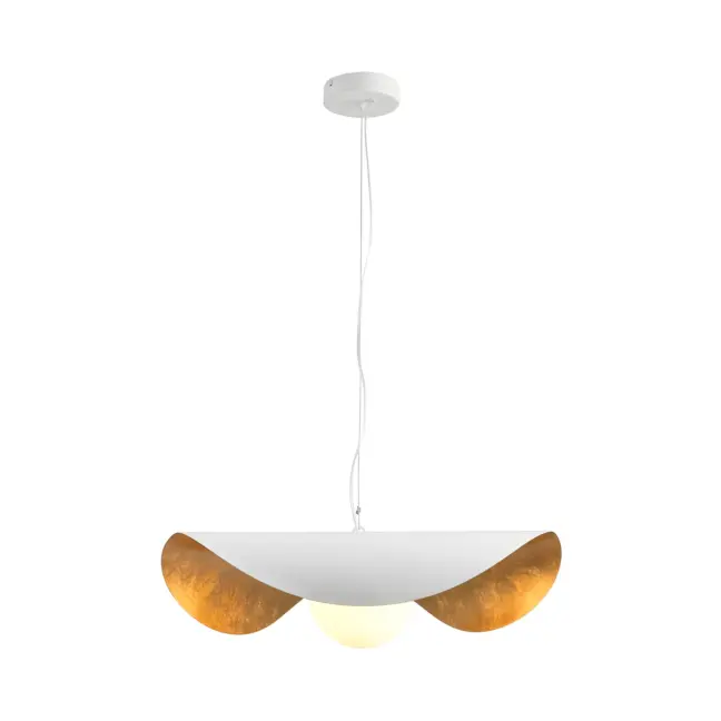 Wisząca lampa Enzo 60 w eleganckim biało-złotym wykończeniu ze szklanym mlecznym kloszem
