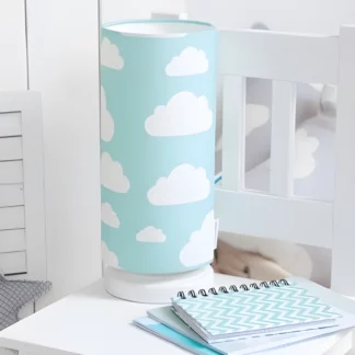 Lampka nocna Chmurki Mint - bawełniany abażur w białe chmurki