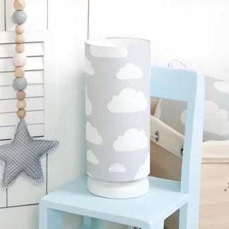 Szara lampka nocna Chmurki Grey - abażur w białe chmurki