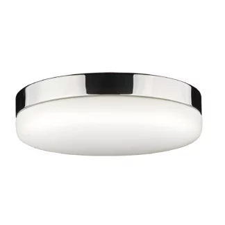 Okrągły, szklany plafon sufitowy z chromowaną ramą i białym szklanym kloszem na jasnym tle.