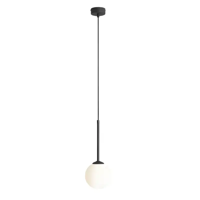 Niewielka wisząca lampa Bosso XS z czarną oprawą i szklanym kloszem
