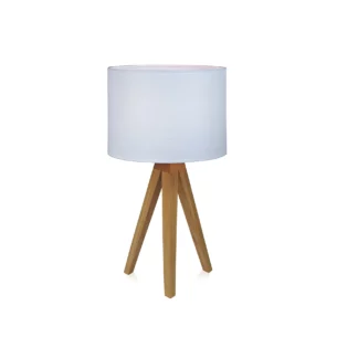 Drewniana lampa stołowa Kullen z białym abażurem na trójnogu