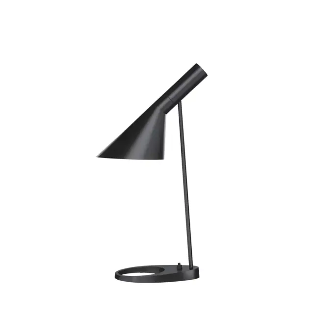Czarna lampa stołowa AJ od Louis Poulsen z włącznikiem umieszczonym w podstawie