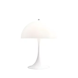 Biała lampa stołowa Panthella od Louisa Poulsena o zaokrąglonej formie