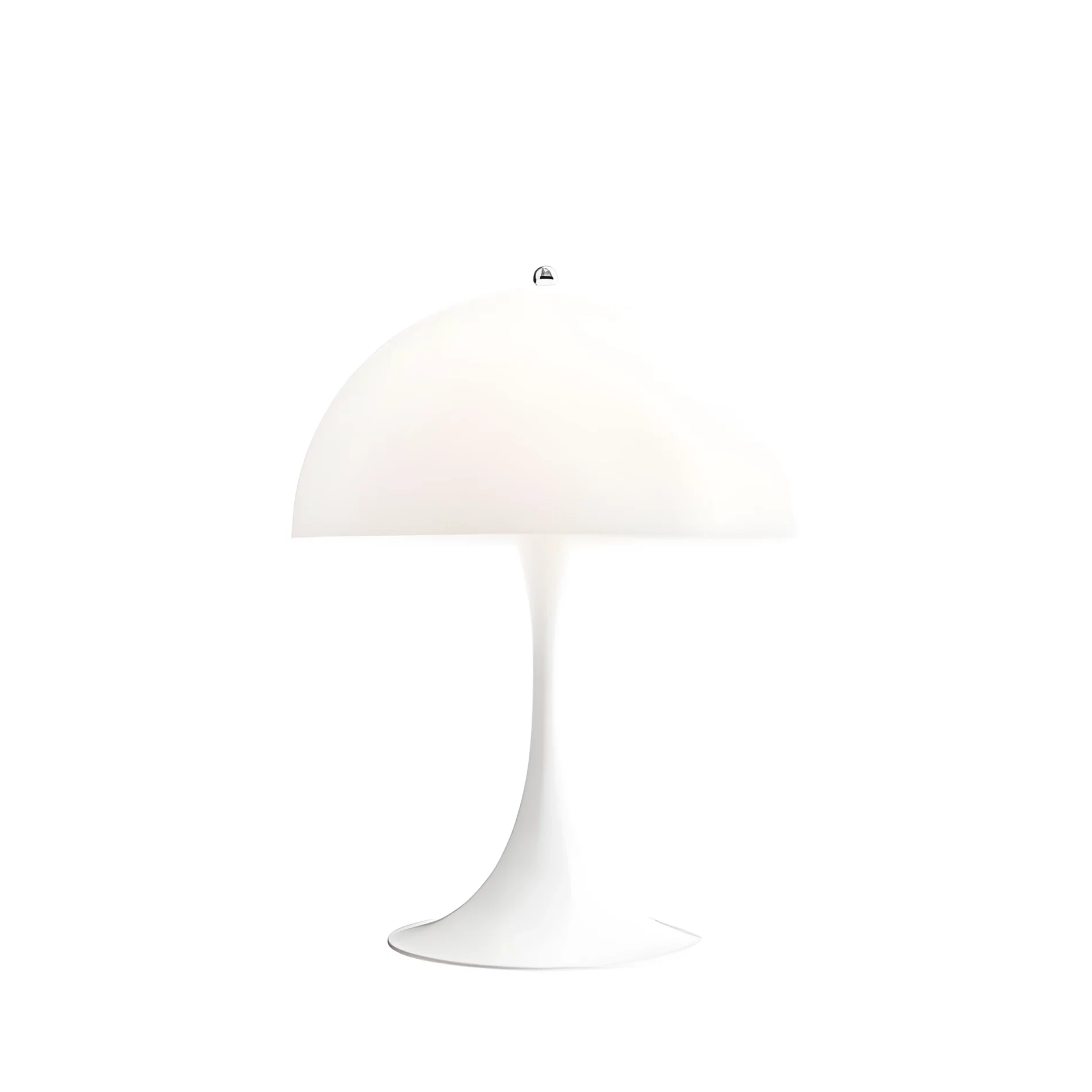Biała lampa stołowa Panthella od Louisa Poulsena o zaokrąglonej formie