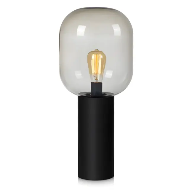 Czarna lampa stołowa Brooklyn z wysoką podstawą i szarym kloszem