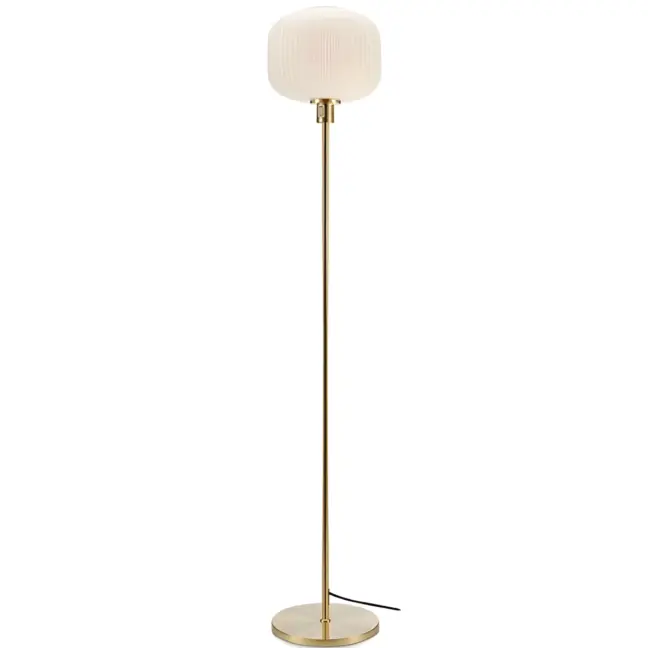 Nowoczesna złota lampa podłogowa Sober z eleganckim szklanym kloszem