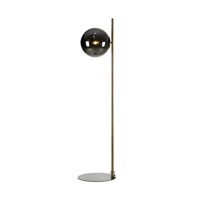Złota lampa podłogowa Dione z kloszem z dymionego szkła