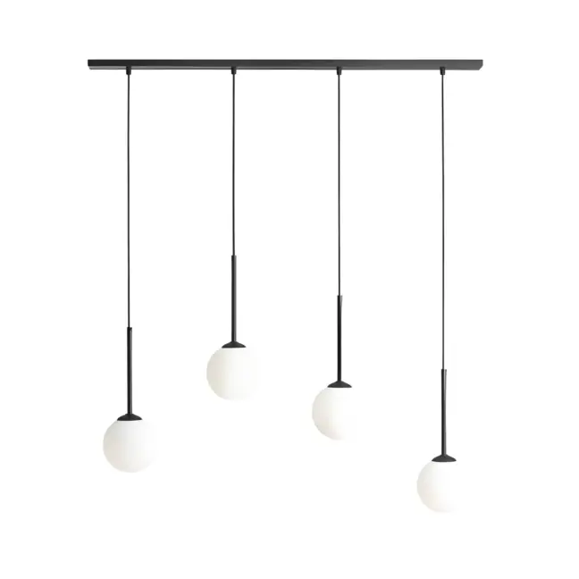 Podłużna wisząca lampa Bosso 4 z czarną oprawą i szklanymi kloszami