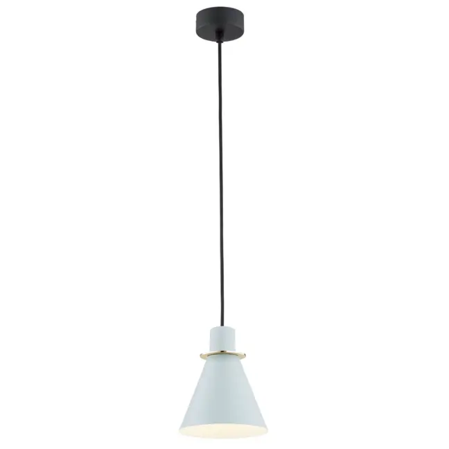 Błękitna lampa wisząca Beverly w kształcie stożka z eleganckimi złotymi akcentami