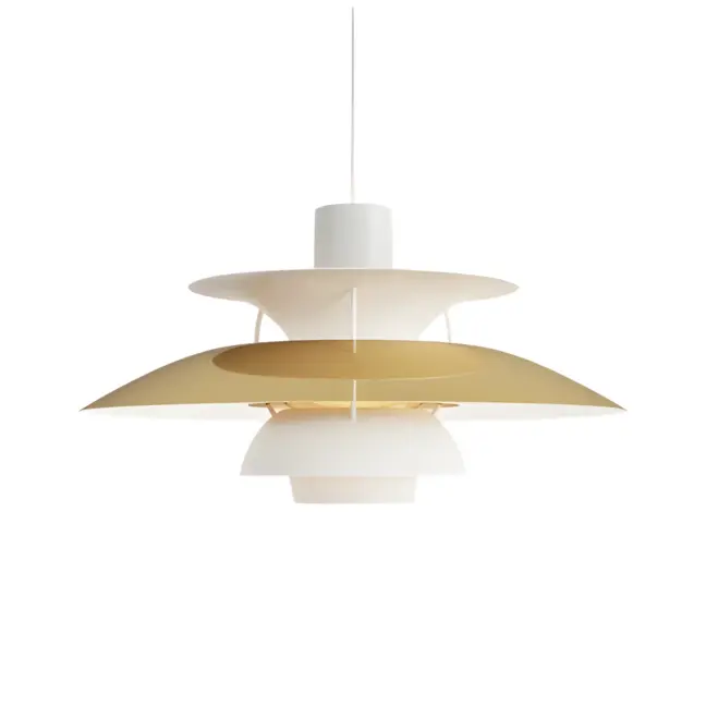 Elegancka wisząca lampa PH 5 od Louis Poulsen w mosiężnym wykończeniu z długim zawieszeniem