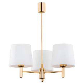 Złoty, trzyramienny żyrandol Ponte z białymi abażurami
