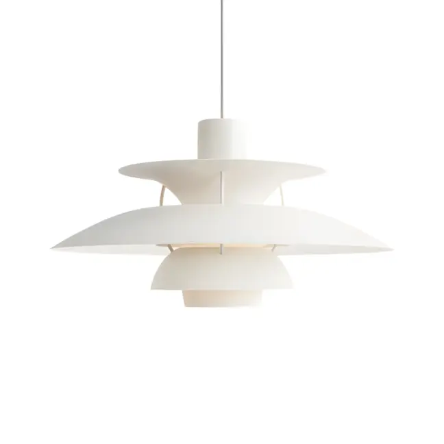 Biała, wisząca lampa PH 5 od Louis Poulsen z metalowym kloszem