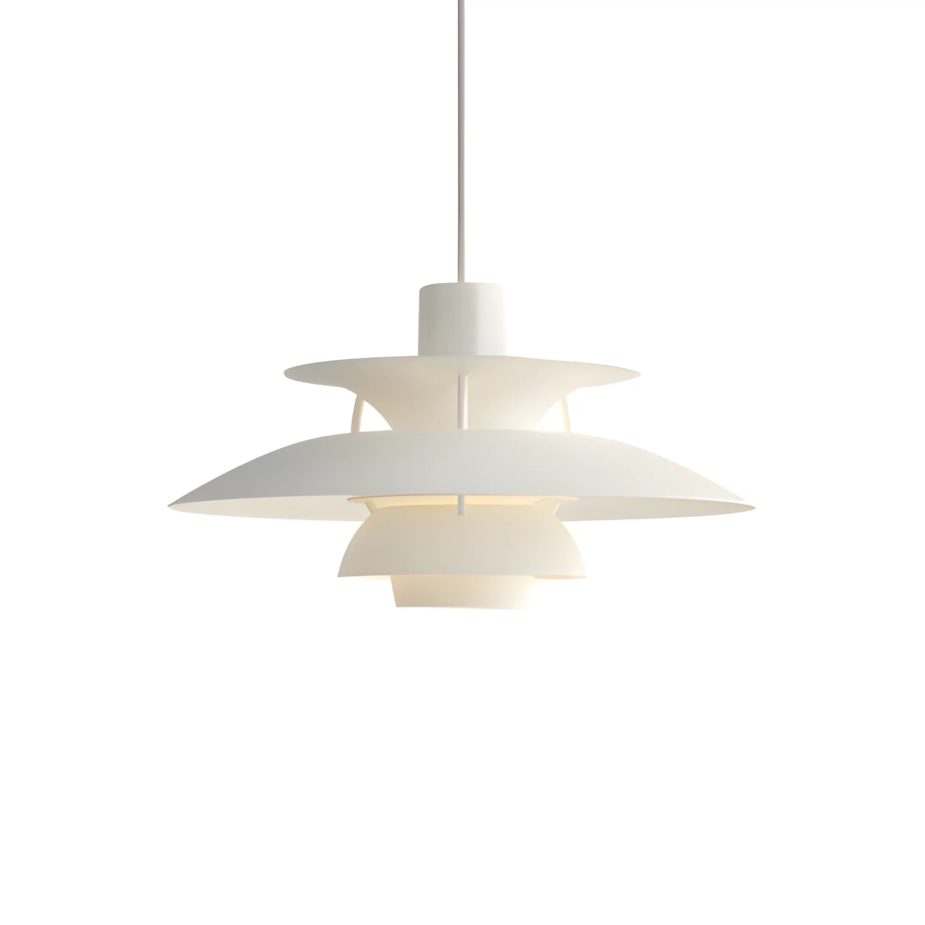 Elegancka wisząca lampa PH 5 Mini od Louis Poulsen z białym kloszem