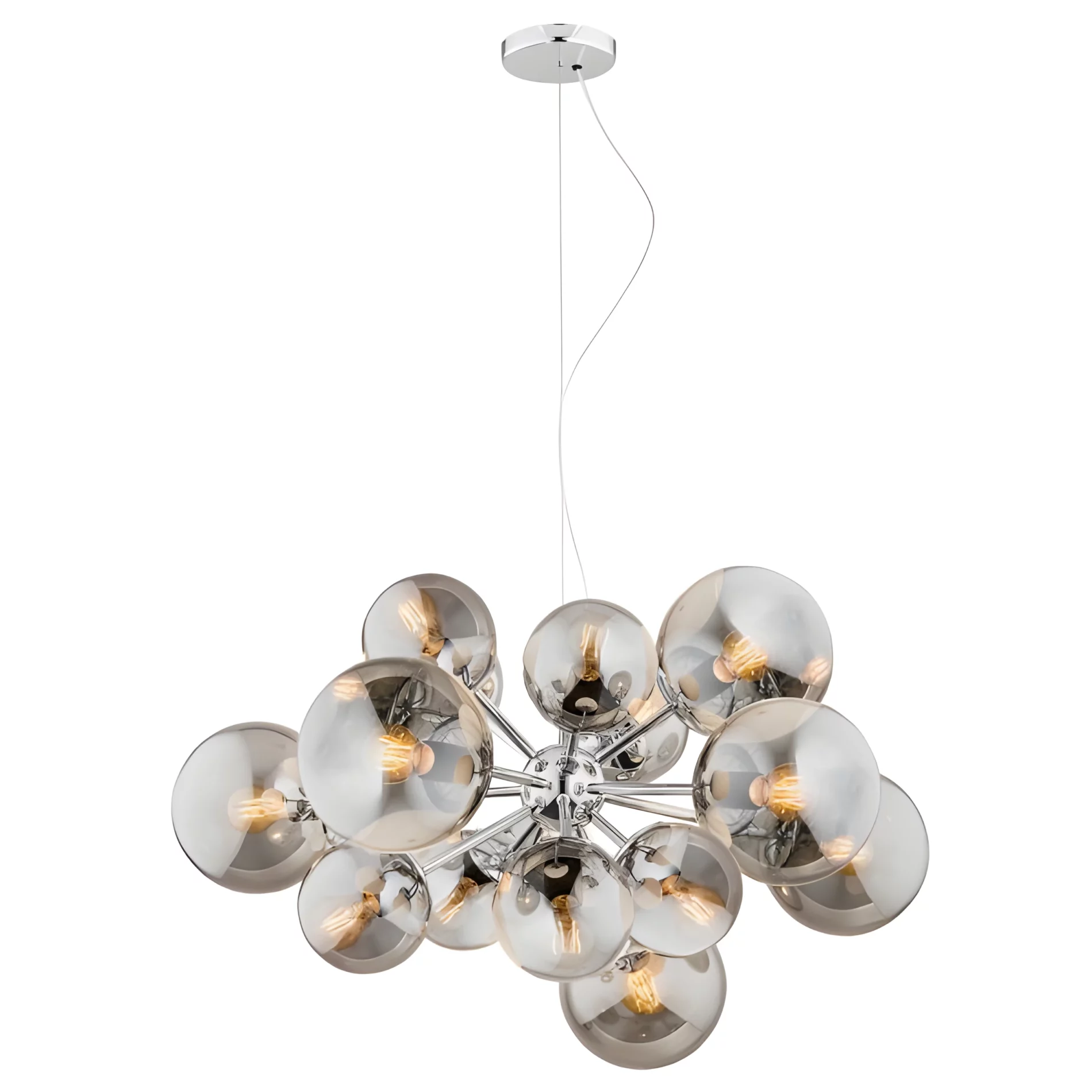 Satelite – wisząca lampa w srebrnym kolorze z szklanymi kloszami