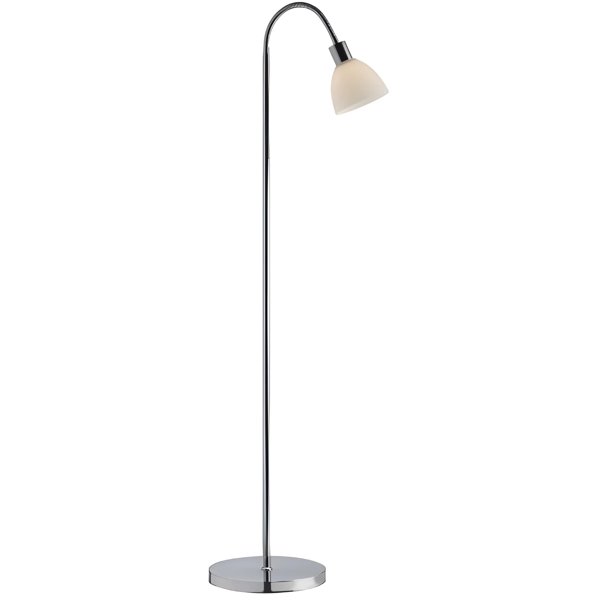 Srebrna lampa podłogowa Ray od Nordlux z eleganckim szklanym kloszem