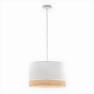 Wisząca lampa Paglia M z białym abażurem i rattanowymi akcentami