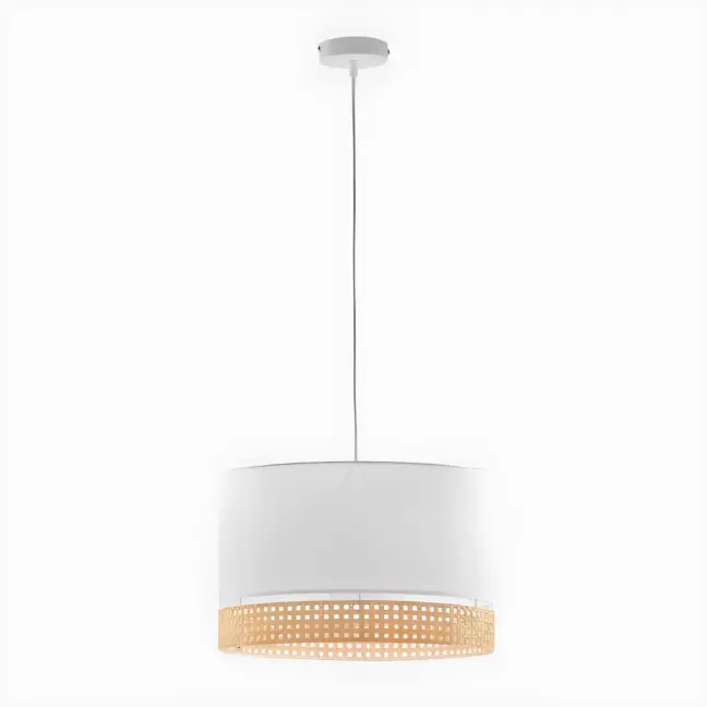 Wisząca lampa Paglia M z białym abażurem i rattanowymi akcentami