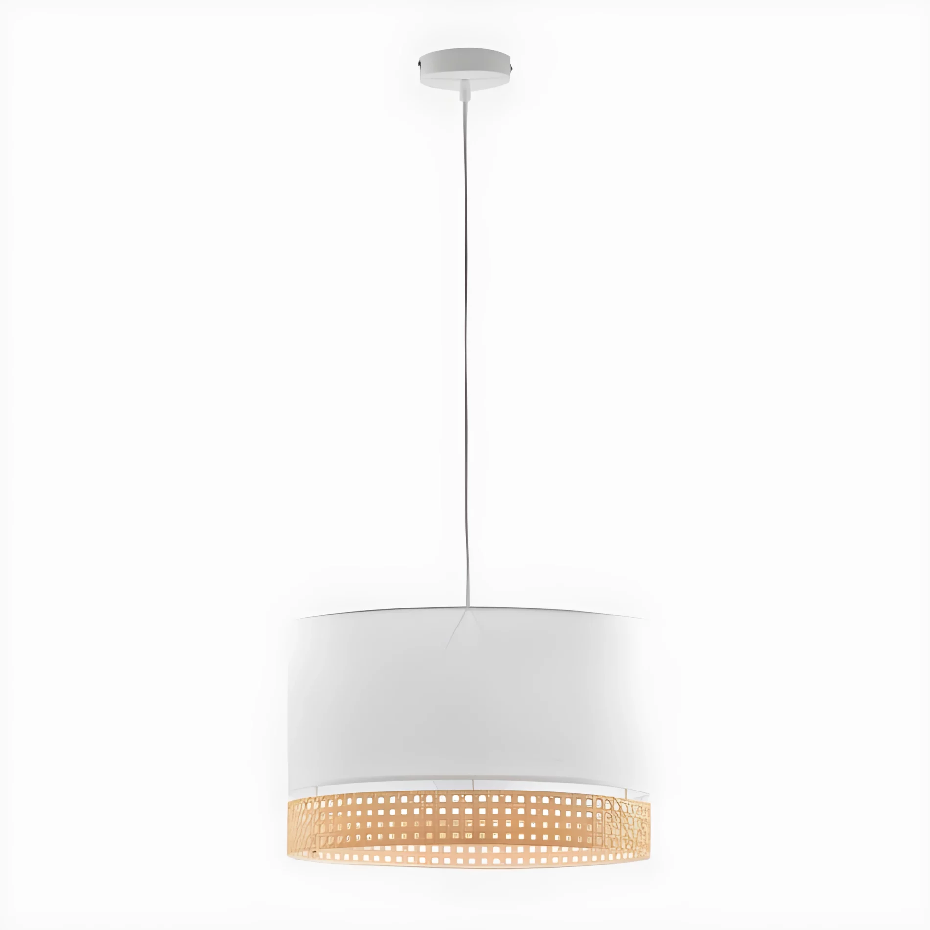 Wisząca lampa Paglia M z białym abażurem i rattanowymi akcentami
