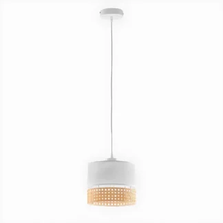 Biała, wisząca lampa Paglia S z rattanowym wykończeniem