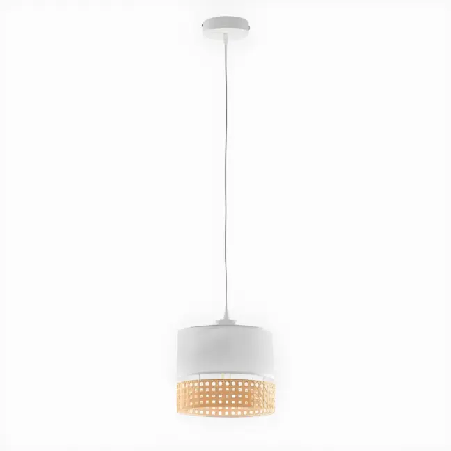 Biała, wisząca lampa Paglia S z rattanowym wykończeniem