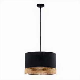 Wisząca lampa Paglia M z czarnym abażurem i rattanowym akcentem