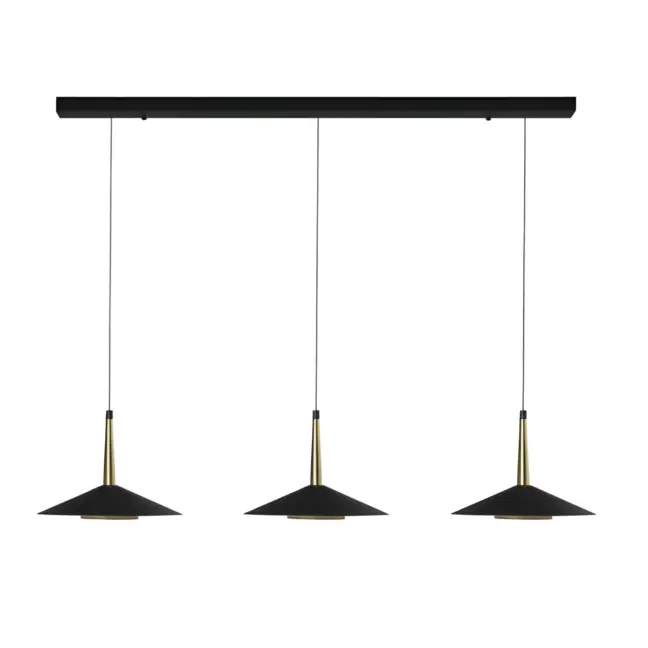 Podłużna wisząca lampa Orion z trzema czarnymi kloszami LED