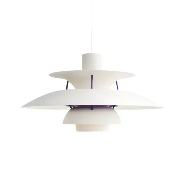 Wisząca lampa PH 5 od Louisa Poulsena w odcieniach bieli i fioletu