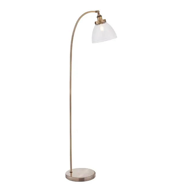 Złota lampa podłogowa Hansen z regulowanym szklanym kloszem