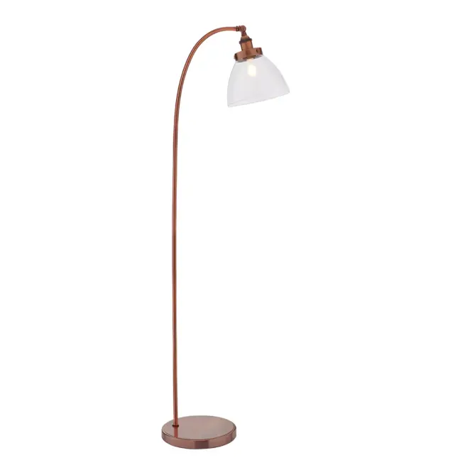 Miedziana lampa podłogowa Hansen ze szklanym kloszem