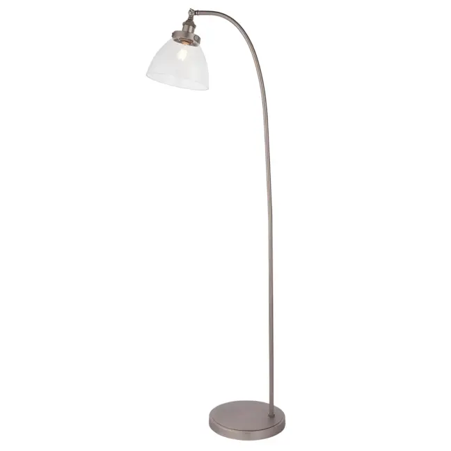 Srebrna lampa podłogowa Hansen z kloszem wykonanym ze szkła