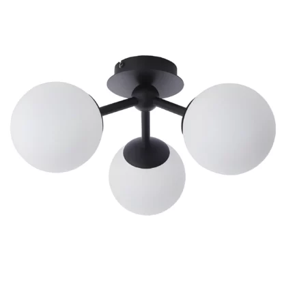 Czarna sufitowa lampa Pulsa z mlecznymi kulami i klasą szczelności IP44