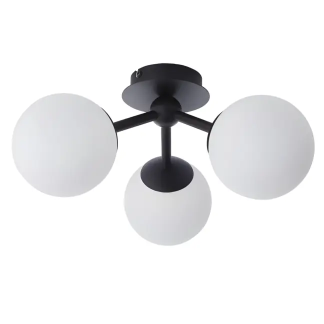 Czarna sufitowa lampa Pulsa z mlecznymi kulami i klasą szczelności IP44