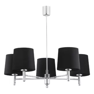 Srebrny żyrandol Bolzano z pięcioma czarnymi abażurami