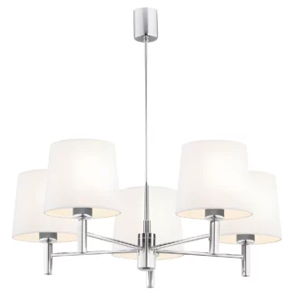 Srebrny żyrandol Bolzano 5 z białymi, welurowymi abażurami