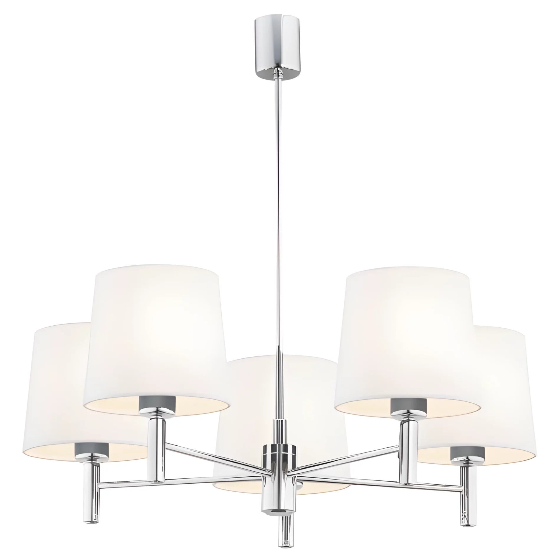 Srebrny żyrandol Bolzano 5 z białymi, welurowymi abażurami