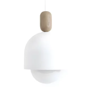 Wisząca lampa Loft Ovoli S w białym kolorze z drewnianym akcentem